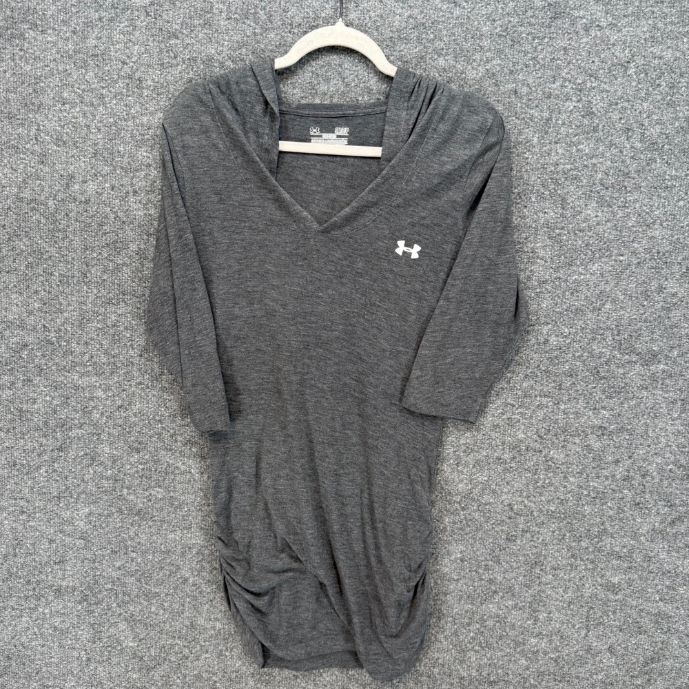 Under Armour Shirt Womens Small Small Gray Hooded Tshirt 3/4 Sleeve Vneck Gym